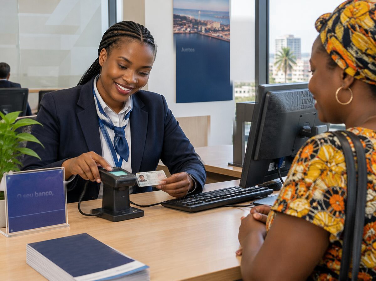 Funcionária bancária a verificar o bilhete de identidade de uma cliente num balcão em Maputo