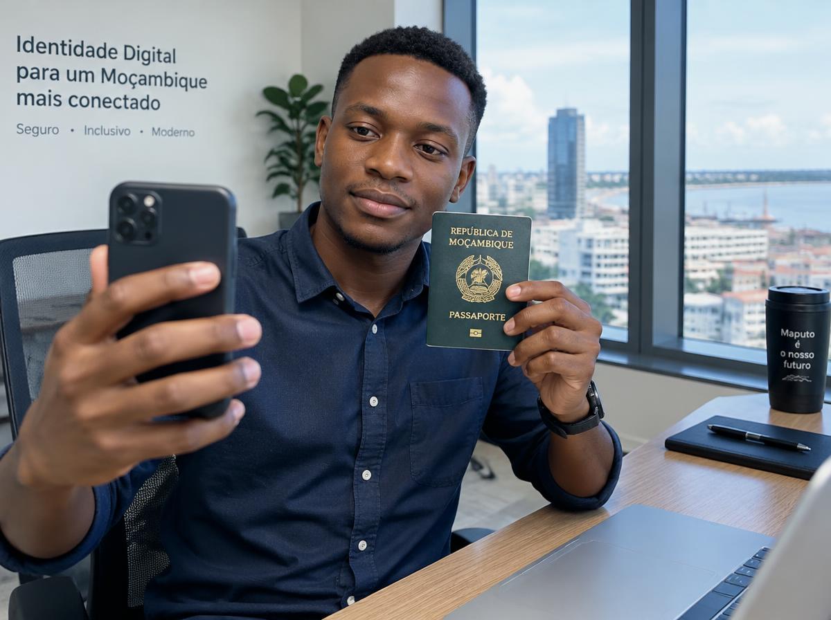 Cliente a fotografar o passaporte com o telemóvel para verificação de identidade digital