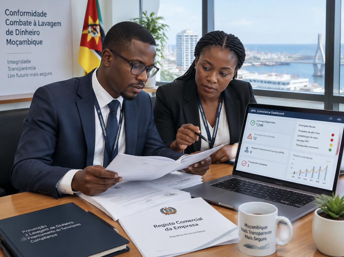 Equipa de compliance a analisar documentos de registo comercial de uma empresa